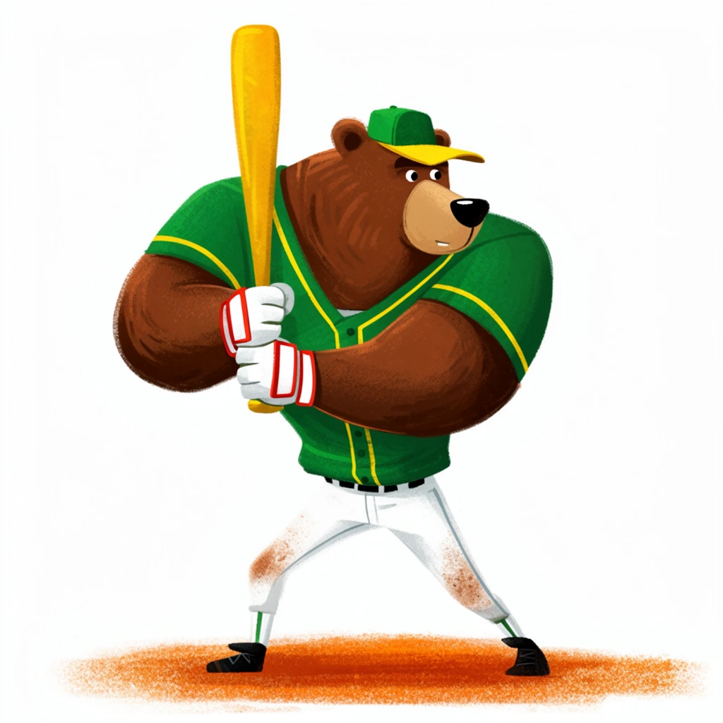 stylized anthropomorphic brown bear in batting stance, exaggerated muscular upper body, green baseball jersey with yellow piping, white dirt-stained pants, green cap with yellow brim, gripping yellow wooden bat over right shoulder, white and red batting gloves, textured orange dirt patch underfoot, solid white background, 2D digital illustration, textured brushstrokes, character design