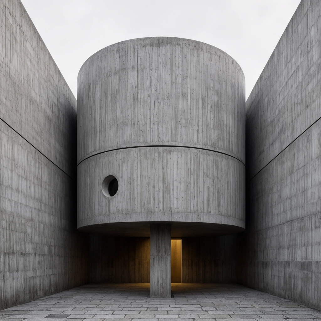 symmetrical brutalist concrete architecture, massive central cylinder suspended between two towering flat walls, raw board-formed concrete texture with vertical striations, horizontal seam bisecting the cylinder, small circular porthole window, dark recess beneath the overhang, thick central support pillar, warm yellow light glowing from the lower entrance, paved courtyard of rectangular stone slabs, soft overcast overhead lighting, stark minimalist design, monumental scale