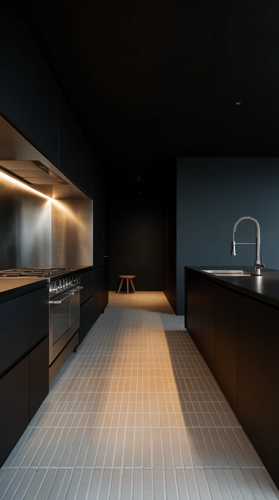 A minimalist galley kitchen captured in one-point perspective with moody lighting. Warm under-cabinet LEDs illuminate a brushed metal backsplash, matte black flat-panel cabinetry, and a stainless steel oven on the left. Opposite sits a dark countertop with a tall chrome spring-neck faucet. Light rectangular floor tiles in a linear grid pattern catch the warm glow, contrasting sharply with the deep black ceiling and walls. A dim hallway in the background leads to a lone wooden stool.