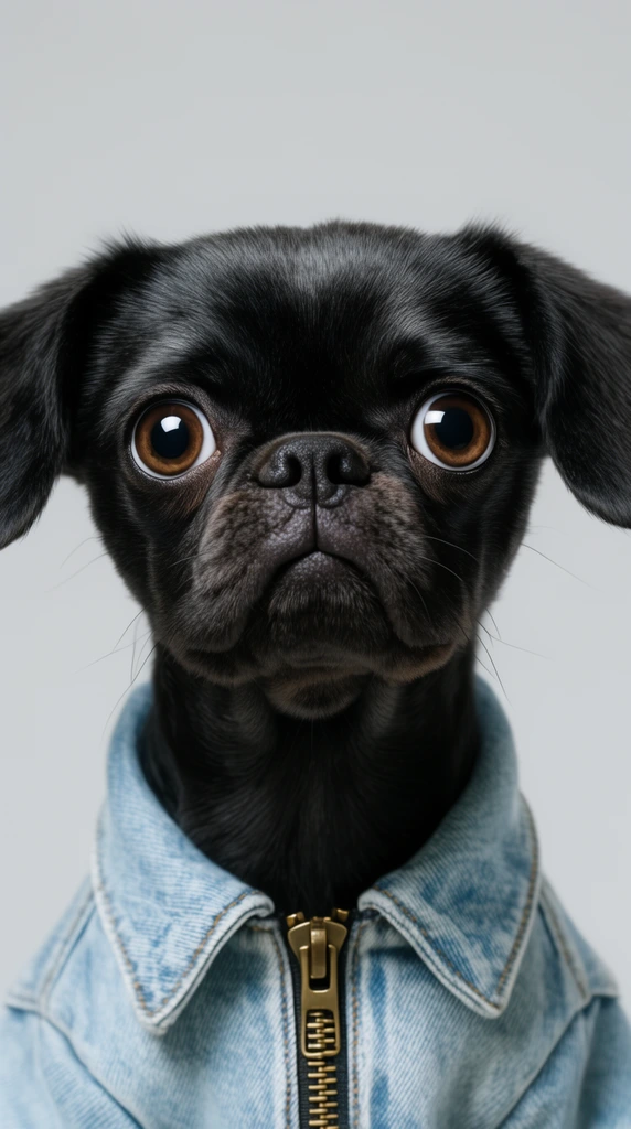 close-up portrait of a small black dog, large bulging brown eyes, wrinkled snout, floppy ears, wearing a light blue denim jacket with a brass zipper, solid light grey minimalist background, soft even studio lighting, sharp focus, symmetrical centered composition, high-resolution photography