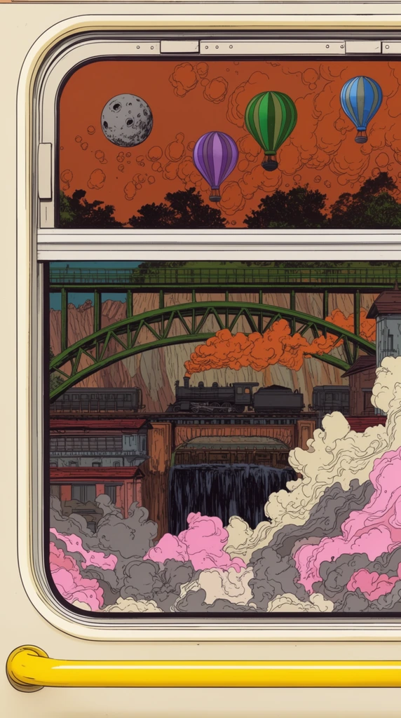 A surreal comic-style illustration viewed through a window with a cream frame and a bright yellow tubular handrail, revealing a dual-pane landscape. The upper glass frames a rust-orange sky filled with bubbly clouds, a cratered grey moon, dark tree silhouettes, and striped hot air balloons in green, purple, and blue. The lower pane displays an industrial canyon where a large green arched bridge spans above a dark steam train puffing orange smoke. Swirling plumes of pink, grey, and cream smoke rise from the foreground, partially obscuring tiered structures and a dark cascading waterfall. The artwork utilizes bold black outlines, flat vivid colors, and linear detailing characteristic of ligne claire drawing.