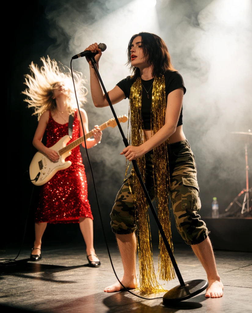 A barefoot singer in a black crop top, camo capris, and draped gold tinsel grips a tilted microphone stand on a smoky, backlit stage. Behind them, a guitarist in a sparkling red sequin dress plays a white electric guitar, blonde hair blown wildly back over a dark floor.