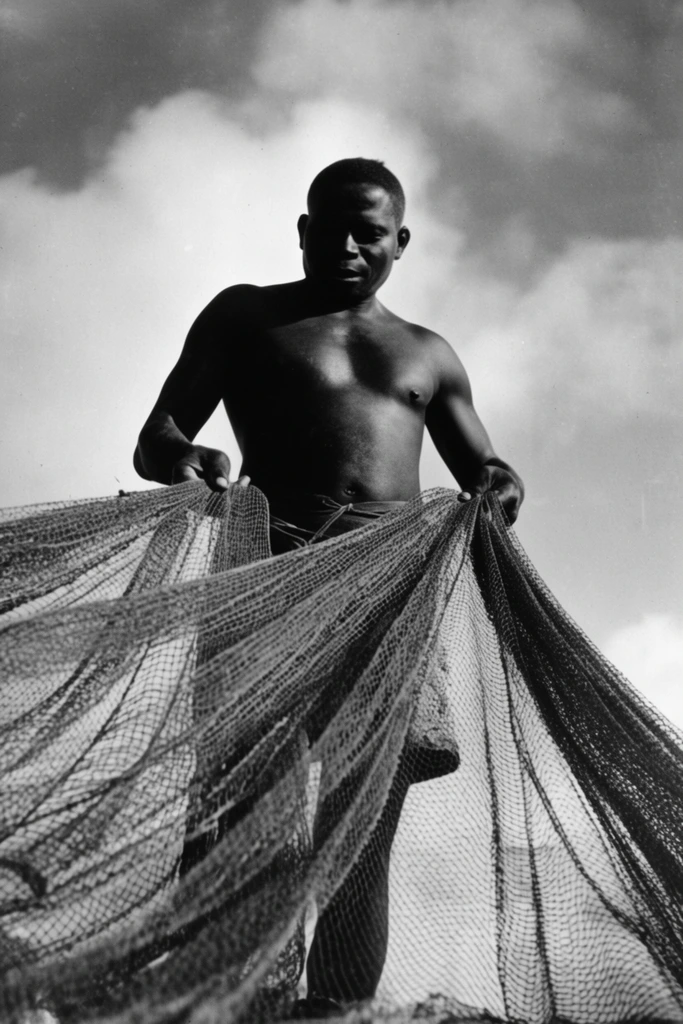 low-angle black and white photograph of a bare-chested man with dark skin stretching a large woven fishing net across the foreground, focused downward gaze, translucent mesh texture, dramatic high contrast lighting, deep shadows, sky with soft clouds, vintage documentary portraiture