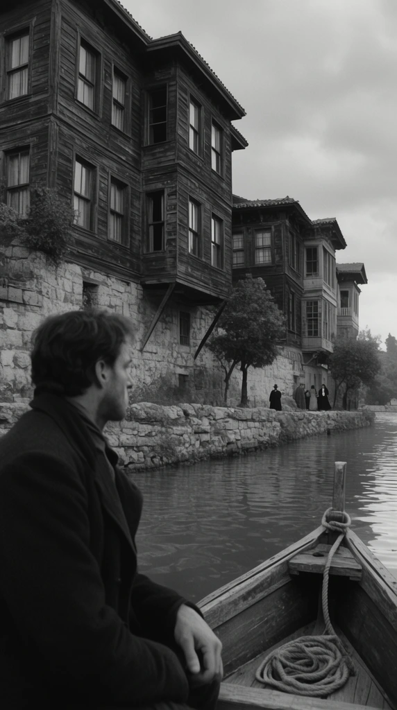 black and white cinematic still, man in profile looking at a stone embankment from a wooden boat, dark coat, boat prow with coiled rope in right foreground, passing grand weathered wooden houses with overhanging enclosed balconies, small trees, distant figures, overcast sky, calm water, deep depth of field