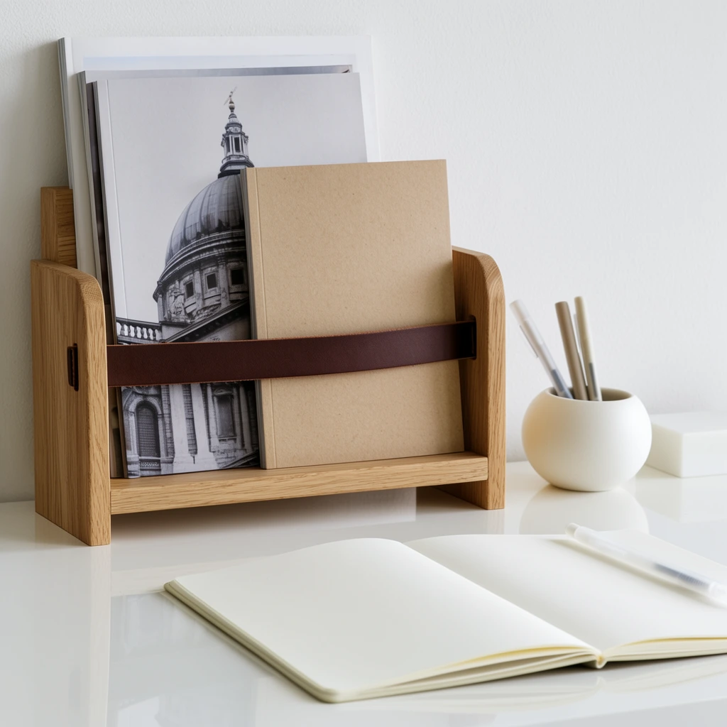A light oak wooden book rack sits on a glossy white desk against a minimalist white wall. The rack features a horizontal dark brown leather strap securing several softcover publications, including one with a grayscale photograph of a domed building and another featuring a plain kraft paper cover. An open blank notebook lays flat in the foreground with a translucent white pen resting on its right page. Beside the wooden rack, a spherical matte white ceramic cup holds three slender pens next to a small white rectangular block. Soft, diffused natural light illuminates the Scandinavian-inspired arrangement, casting gentle shadows and sharp reflections across the polished tabletop surface.