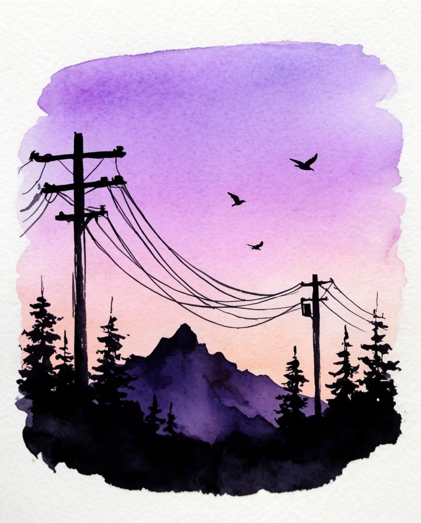 Stark black silhouettes of utility poles, drooping power lines, scattered pine trees, a jagged mountain peak, and three flying birds form a rough-edged watercolor vignette on textured white paper. The atmospheric background is a smooth dusk sky wash transitioning upwards from pale peach to vibrant lavender.