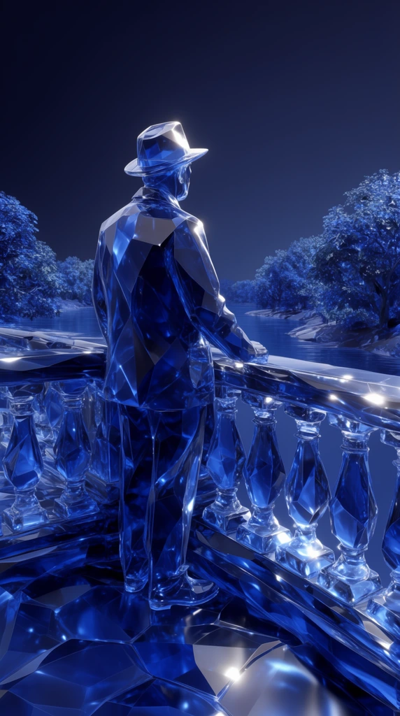 A 3D rendered crystalline scene of a man in a hat standing on a balcony looking toward a river and trees, constructed entirely from faceted, translucent deep blue glass. The figure, architecture, and landscape are formed from glossy, polygonal geometric shapes refracting bright white specular highlights and glowing internal caustics. This solid, sapphire-like diorama floats isolated against a smooth, dark navy gradient background, highlighting a high-contrast, monochromatic lighting design.