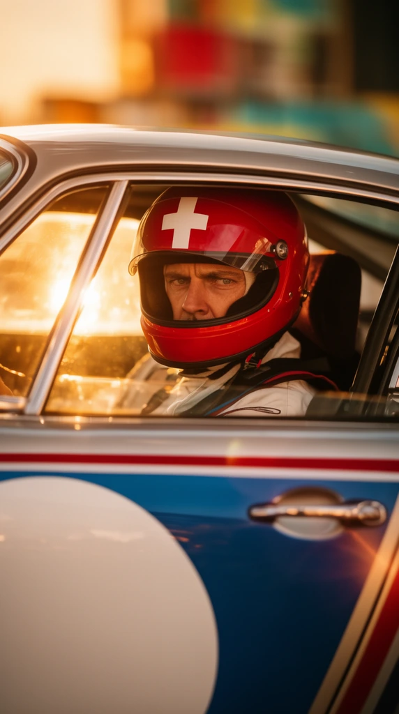 close-up of a race car driver inside a silver vintage sports car, driver wearing a red helmet with a white cross, intense focused expression, car exterior with vivid blue and red racing stripes and a solid white circular graphic on the door, viewed through the side window, intense golden hour sunlight, glowing lens flare reflecting off the glass, shallow depth of field, cinematic automotive photography, warm rich color palette, blurred abstract background