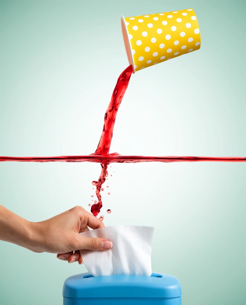 A yellow polka-dot cup floats against a pale mint gradient, spilling a stream of vibrant red liquid frozen in mid-air. A surreal horizontal gap cleanly bisects the falling liquid. Below, a hand pulls a white cleaning wipe from a blue dispenser. Crisp studio lighting, high-speed macro photography.