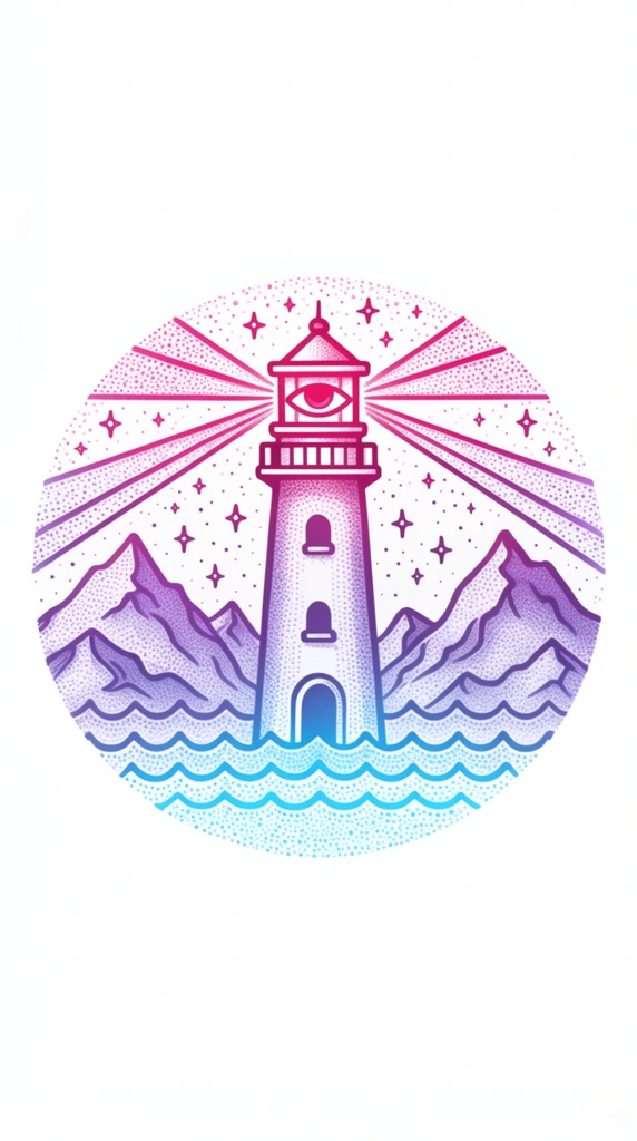 A circular monoline illustration of a central lighthouse featuring a stylized eye radiating diagonal light beams. Symmetrical jagged mountains flank the structure above scalloped ocean waves under a starry sky dotted with four-pointed stars. Rendered with precise pointillist dot shading, the artwork utilizes a seamless vertical gradient transitioning from vibrant magenta at the top through violet to bright cyan at the base, entirely set against a stark white background.