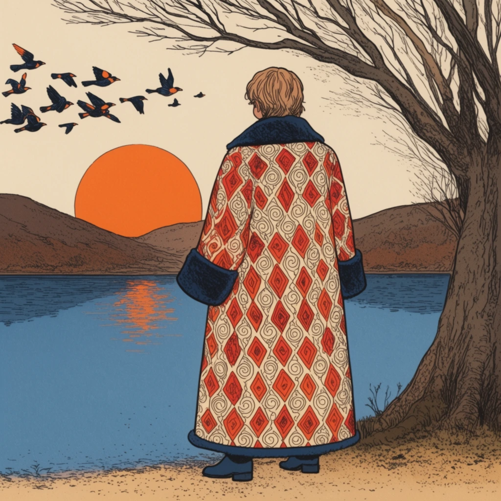 A person viewed from behind stands on a sandy shore, wearing a long, elaborate coat patterned with red diamonds, cream swirls, and thick dark blue cuffs and collar. They look across a calm blue lake reflecting a large, vibrant orange sun setting behind distant brown hills. A thick tree frames the right side, its bare branches stretching across a pale cream sky. A flock of dark birds with orange accents flies toward the left above the water. The scene is a crisp line-art illustration featuring stippled shading, bold ink outlines, and a muted vintage color palette of blues, browns, and warm oranges.
