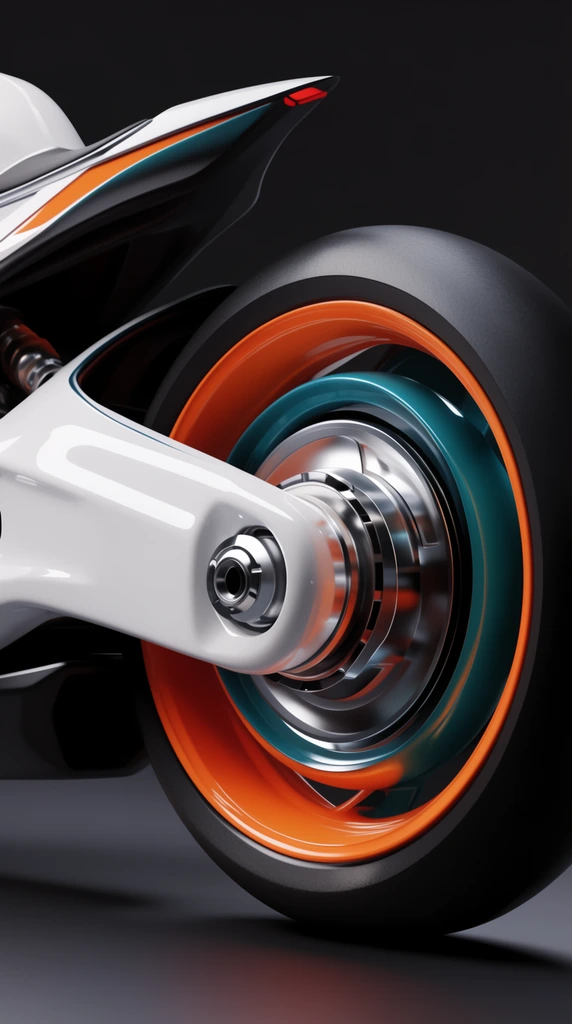 futuristic motorcycle wheel assembly, glossy white swingarm, vibrant orange and teal accents, metallic hub, matte black tire, dark studio background, dramatic lighting, 3D product render