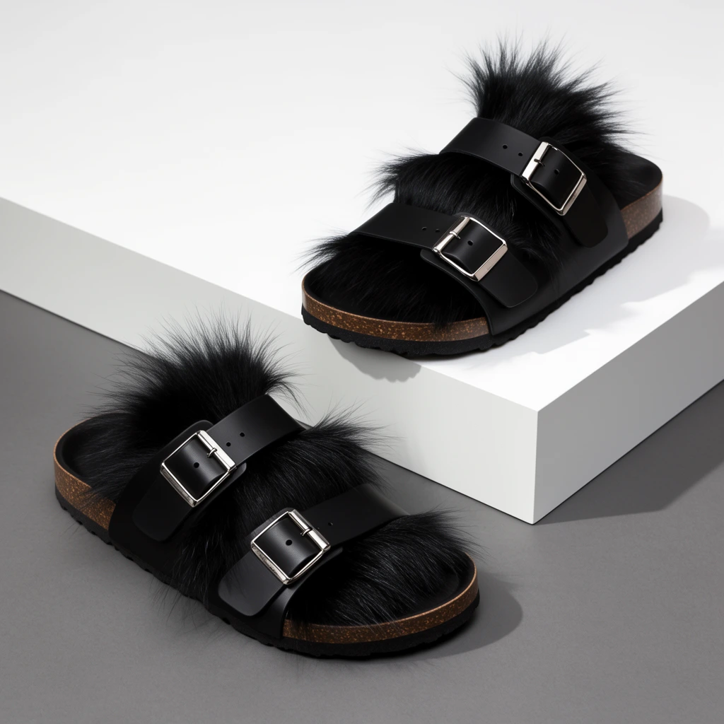 A pair of black two-strap slip-on sandals with long fur accents rests on a minimalist geometric display. One sandal sits in the lower left foreground directly on a smooth matte grey surface, while the second elevated sandal rests on a stark white rectangular plinth in the upper right. The footwear features a brown cork midsole layered above a black ridged outsole, topped with two broad black bands secured by rectangular silver-toned metal buckles. Voluminous long black hair-like fur bursts from beneath the smooth bands, creating a striking textural contrast against the sleek metallic hardware. The studio composition utilizes clean diagonal lines and precise geometric blocking, enhanced by soft directional lighting casting a sharp angular shadow from the white platform onto the floor.