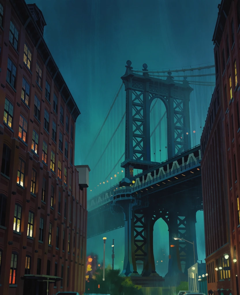 A moody, rain-soaked city scene centers on a suspension bridge rising between tall brick buildings, with glowing traffic, wet reflections, and a couple under umbrellas in the foreground, all rendered like a dramatic urban dream at night. Digital painting, painterly concept art, impressionistic urban landscape, cinematic cityscape, contemporary expressionist style, loose brushwork, palette-knife texture simulation, semi-abstract realism, atmospheric perspective, nocturne, romantic, melancholic, intimate yet grand, high visual complexity, visually adjacent to Leonid Afremov, Jeremy Mann, Ashley Wood, color palette of deep teal, blue-green mist, rust red, burnt orange, amber, black, cream highlights, high contrast, wet luminous exposure, diffuse glow, no visible camera settings due to illustration, no lens artifacts, intentional painterly smearing, vertical composition. The bridge occupies the middle of the image, slightly right of center, its two stone towers rising high into a dark greenish sky, with the nearer tower dominating center-right and the second implied farther back. Fine suspension cables sweep diagonally from the towers toward both sides, faint but visible against the mist. On the left edge stands a large red-brown apartment building, angled slightly toward the center, its many windows glowing yellow and orange at scattered heights; a few upper windows are dark. On the far right edge, a taller, narrower brick building forms a vertical strip with stacked lit windows, some bright gold, some dim. The street below runs straight toward the bridge and is glossy with rain, turning the entire bottom half into a mirror of smeared reds, whites, and oranges. Near the lower center, two figures walk close together under separate black umbrellas; one appears in a dark coat, the other in a pale lavender or gray coat, their reflections stretching downward. Slightly left of them stands another umbrella-bearing pedestrian in red-toned clothing. Cars line both sides of the street and cluster beneath the bridge, their headlights and taillights forming white and red dashes; dark car bodies are most visible at the lower left and lower right corners. Warm storefront-like light blooms from the lower left building base and from the lower right sidewalk, illuminating puddles. The sky is heavy, abstract, and vertically streaked, suggesting rain falling through haze, while the underside of the bridge and the street beneath it sink into shadow.