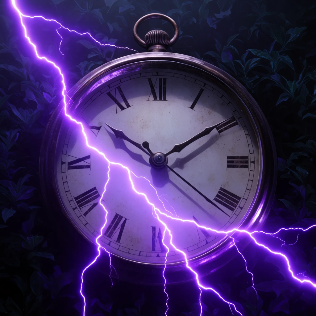 classic analog timepiece, dark metallic hands, dense shadowy foliage background, intense glowing purple lightning bolts arcing across the foreground, dramatic surreal illumination, high contrast digital art