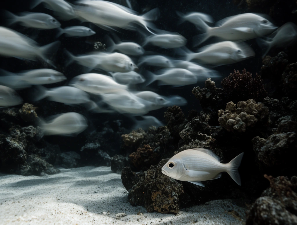 School of silvery-white fish swimming underwater, motion blur capturing dynamic movement, one sharp fish in lower right foreground, dark rocky coral formations, light sandy bottom, deep contrast, moody lighting, underwater photography technique