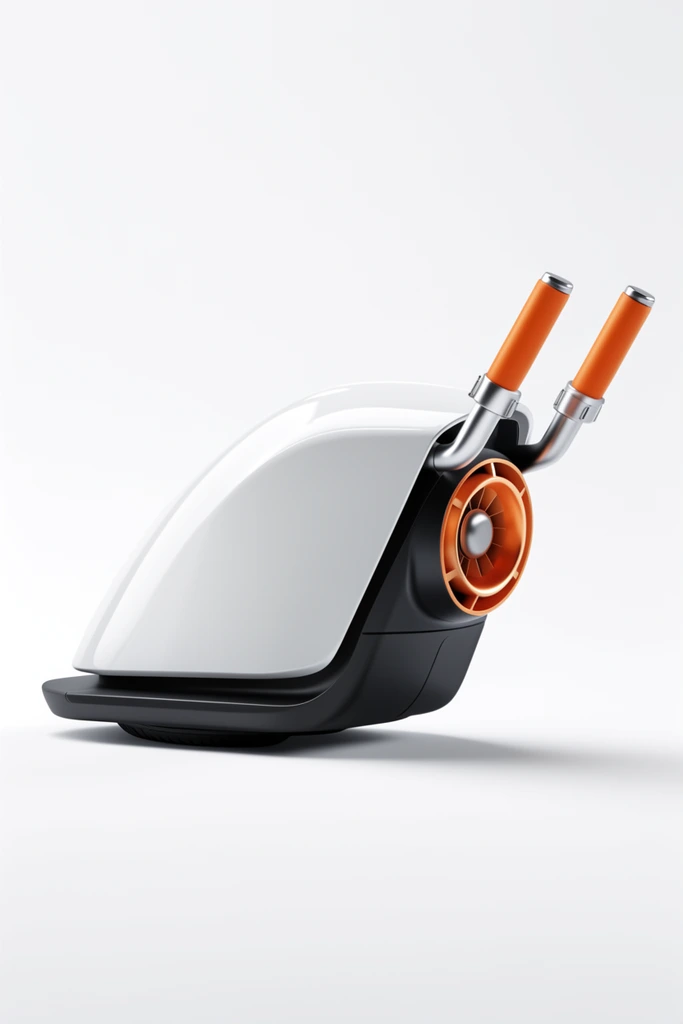 Sleek, futuristic wedge-shaped personal propulsion device on a seamless white backdrop. The industrial design features a glossy white aerodynamic upper shell and a matte black undercarriage. Two metallic silver handlebars with bright orange grips extend from the rear above a circular orange thruster. The object casts a soft shadow in a clean, minimalist 3D product rendering style with high-key studio lighting.