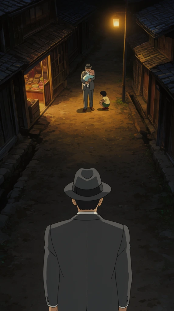 2d animation still, man in grey suit and fedora viewed from behind on dark dirt road, traditional wooden buildings, warm light spilling from open shop door, glowing streetlamp illuminating figure carrying baby and crouching child, high angle