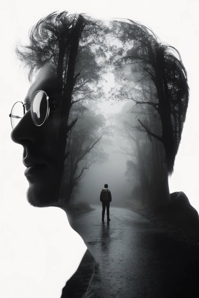 double exposure portrait in profile, man wearing round glasses, pure white background, inner silhouette reveals a misty forest road, small figure with backpack standing on wet pavement facing away into fog, tall dark trees framing the scene, branches blending into hair, surreal composition, high contrast grayscale palette, cinematic atmospheric lighting, stark graphic silhouette