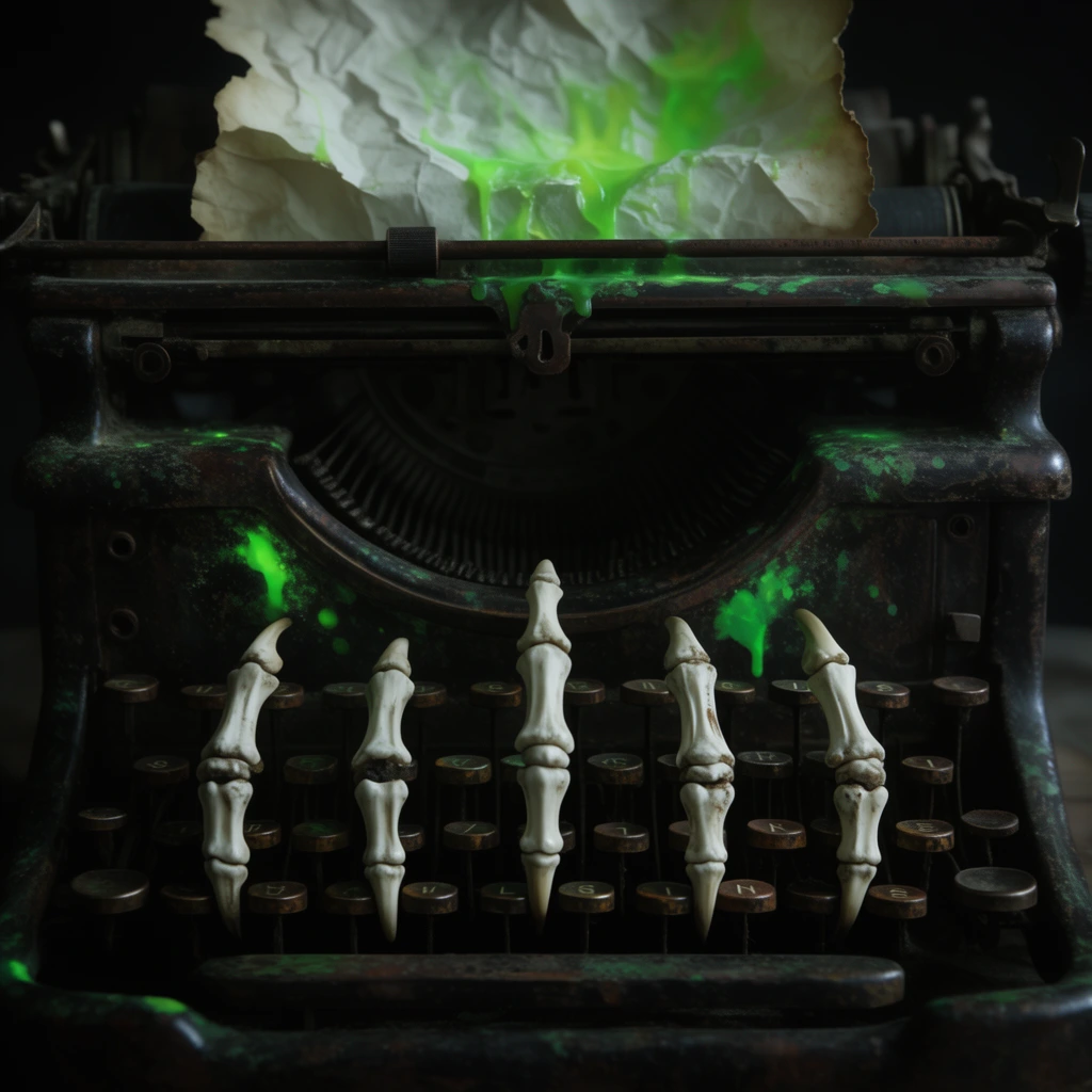 An antique rusted metal typewriter sits in heavy shadows, its tarnished keys pressed by five detached, bone-white skeletal claws. A heavily crumpled parchment rests on the carriage, streaked with glowing neon-green ectoplasm. Luminous green splatters coat the dark, ornate metallic housing. The composition is a close-up frontal shot focusing on the skeletal digits and weathered keyboard under low, moody lighting.
