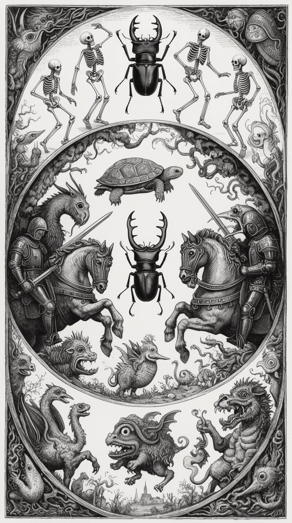 intricate black and white surreal engraving, curved vignettes, dancing skeletons, giant stag beetle, armored horses wielding swords, flying turtle, bizarre chimeras, dense cross-hatching, grotesque medieval bestiary