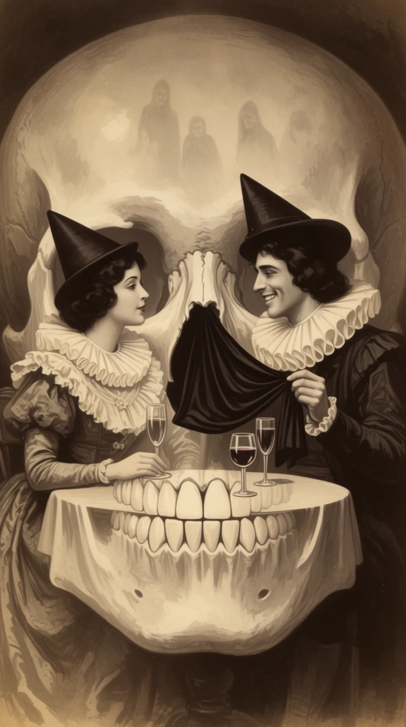 A vintage sepia-toned optical illusion illustration where a romantic scene of two costumed figures simultaneously forms a giant human skull. A woman in a ruffled collar sits opposite a smiling man in a matching oversized collar. Their dark hair and conical hats form the hollow eye sockets of the skull, while a draped black cloth held by the man creates the nasal cavity. A round table between them holds delicate wine glasses, with the tablecloth's vertical folds and the glassware mimicking the skull's teeth. An arched, misty background with faint ghostly figures frames the scene, completing the skull's rounded dome. The artwork uses rich chiaroscuro shading to seamlessly balance the macabre dual-imagery.