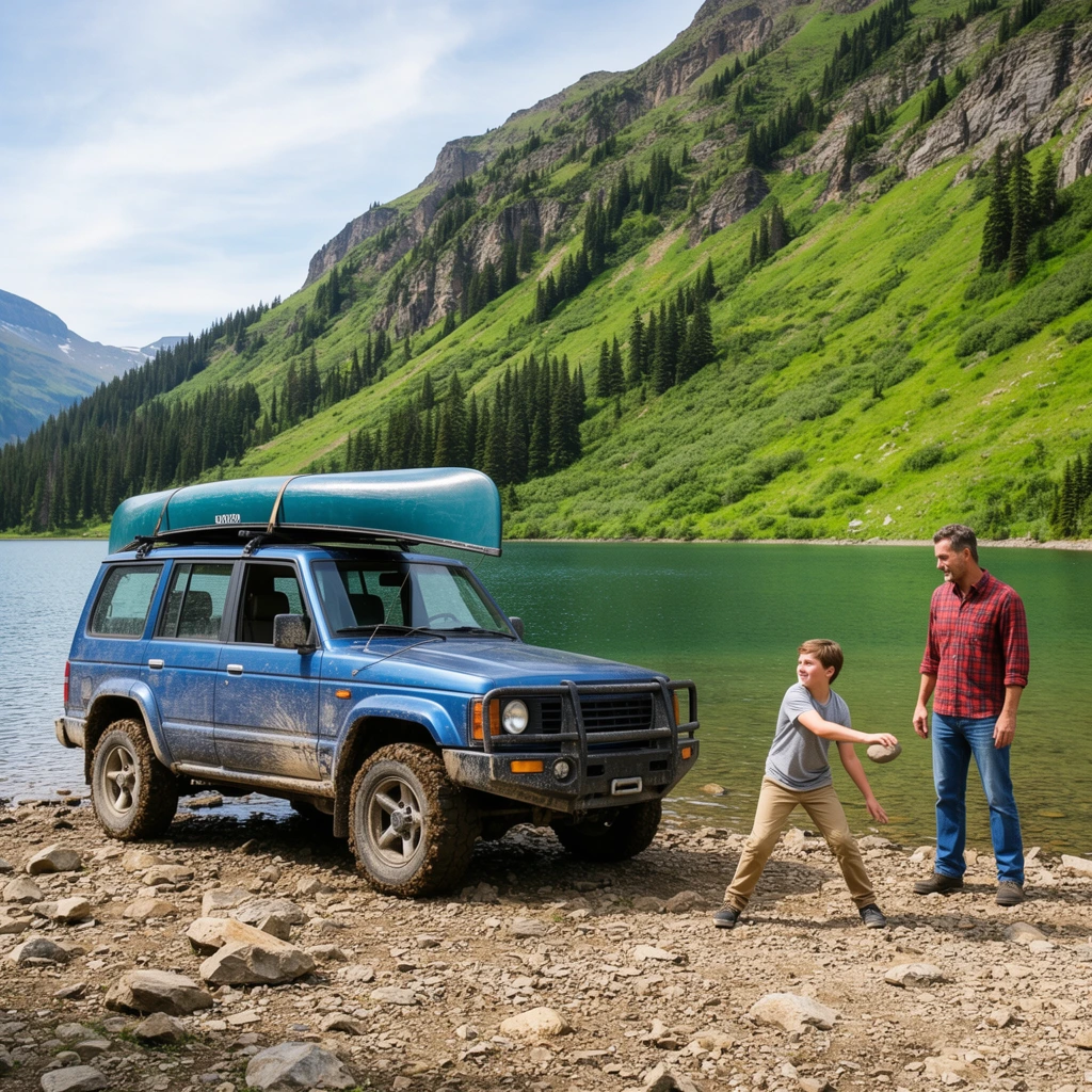 A rugged blue off-road SUV parked on the rocky shoreline of a serene alpine lake, carrying an upside-down blue canoe strapped to its roof rack. Beside the clear green-blue water, an adult man in a red plaid shirt and blue jeans watches a young boy in a grey shirt and khaki pants captured mid-motion throwing a stone. The rugged vehicle features mud-splattered tires and a heavy front brush guard. Towering steep mountainsides covered in vibrant green grass and scattered dark evergreen trees rise dramatically in the background under a light blue sky with wispy clouds. The outdoor lifestyle photography features bright natural daylight and a wide depth of field.
