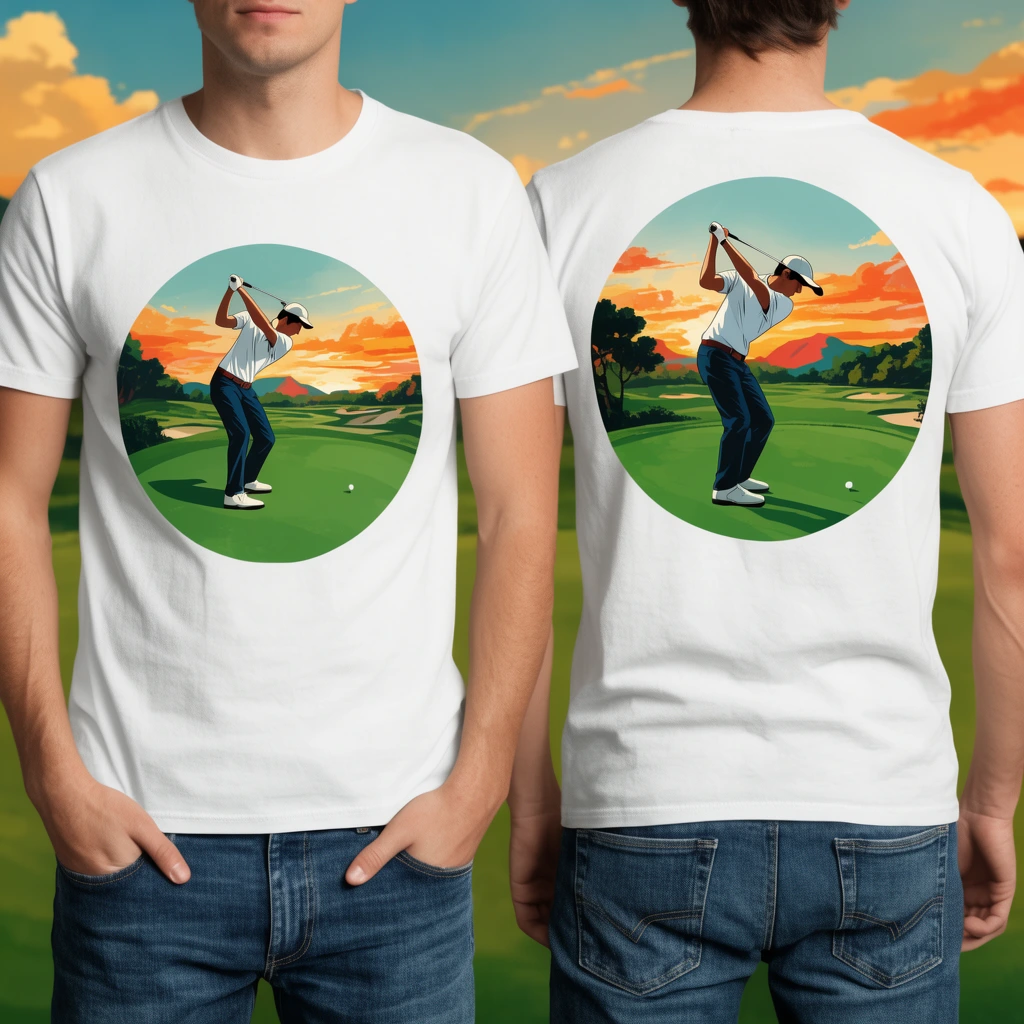white t-shirt mockup front and back on male model in jeans, retro illustration of golfer mid-swing on green circular pad, vibrant sunset golf course landscape