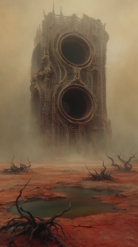Massive surreal monolith emerging from dense mist, skeletal ribbed architecture, imposing circular portals, barren wasteland with cracked reddish earth, scattered twisted roots, dark murky pools, muted ochre and rust palette, macabre atmospheric landscape, haunting dystopian mood, monumental scale