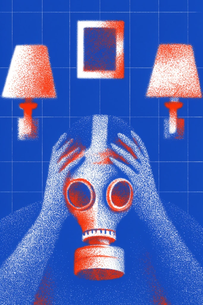 A highly textured, grainy, risograph-style illustration in a strict tri-color palette of vibrant cobalt blue, bright orange-red, and stark white depicts a human in a gas mask holding hands to their head below a wall with two lamps and one picture. The central human figure is defined by coarse, dense white stippling that forms the hands and the structure of the gas mask, highlighted with intense bursts of orange-red grain that dissolve into the surrounding forms. The wall serves as a solid, flat background plane of vivid cobalt blue. The two lamps and the single picture are rendered through flat shapes filled with heavy white and red pointillism-like textures, featuring fuzzy, granular edges. A delicate, precise grid of thin white lines spans the entire composition. The artwork relies entirely on dense, scattered dot textures and stark color contrast to build depth and form, utilizing the bold interplay of the flat blue background, bright white textured elements, and vivid red stylistic accents.