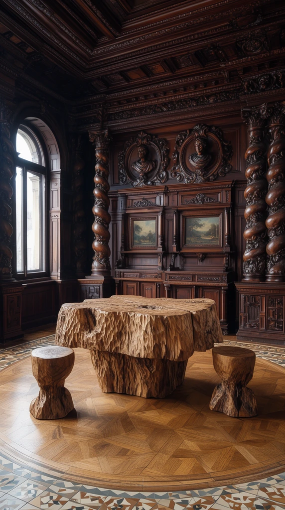 A grand interior features dark, elaborately carved wood paneling centered around a heavily textured, roughly hewn wooden table and two matching stools. The central furniture rests on a geometric parquet floor bordered by patterned tiles. Elaborate spiral columns flank the space, framing walls adorned with sculpted bust reliefs, inset landscape paintings, and cabinetry. An arched window on the left casts natural light, highlighting the brutalist gouged texture of the table against the classical, intricate architectural carvings. The wide-angle composition is bathed in warm mahogany tones.