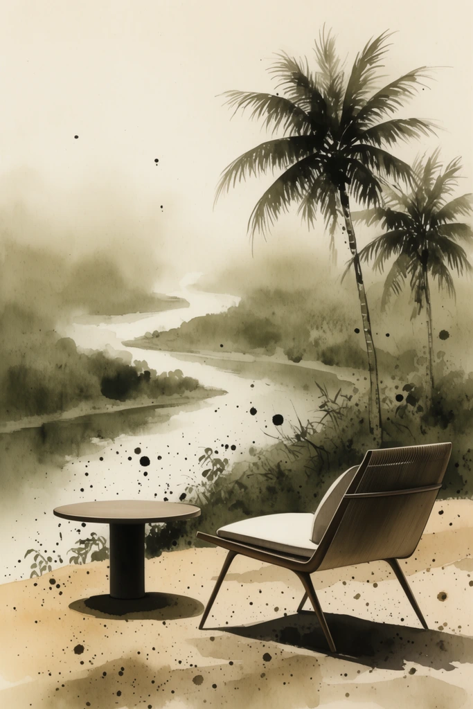 modern lounge chair and round table on sandy hill, misty winding river below, two palm trees, traditional ink wash painting, muted sepia and olive watercolor, black splatters