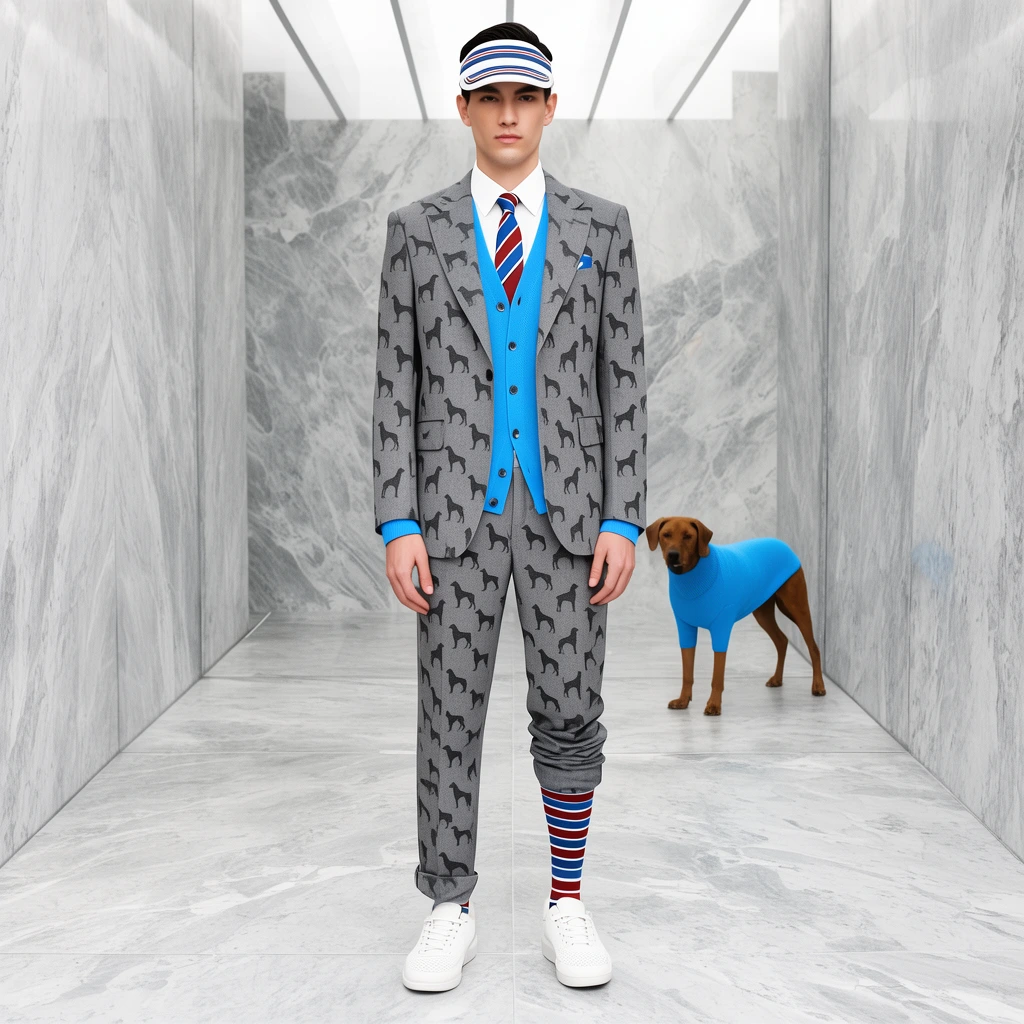 A fashion model stands in a sleek grey marble hallway wearing a tailored grey suit patterned with dog silhouettes over a bright blue cardigan and striped tie. He sports a striped visor, white sneakers, and one rolled-up pant leg revealing a striped sock. A brown dog in a matching blue sweater stands in the background. Bright, even lighting highlights the modern setting.