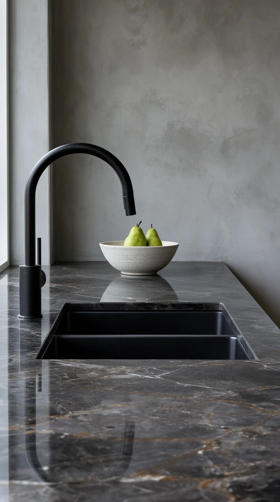 minimalist kitchen setup, matte black gooseneck faucet, deep dark undermount double basin sink, highly polished dark grey marble countertop with warm brown veining, light grey textured ceramic bowl holding two green pears, mottled mid-tone grey plaster wall background, soft diffused natural daylight from the left, high-end interior architectural photography, sleek glossy stone reflections contrasting with matte surfaces, clean geometric lines