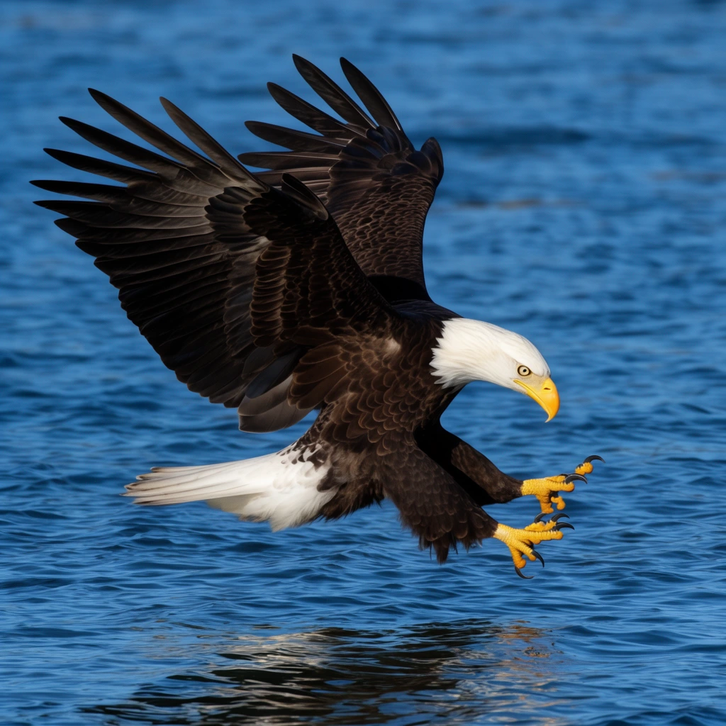 bald eagle diving over rippled blue water, dark brown wings swept upward, white head, yellow beak, bright yellow talons extended forward, sharp wildlife photography, natural daylight
