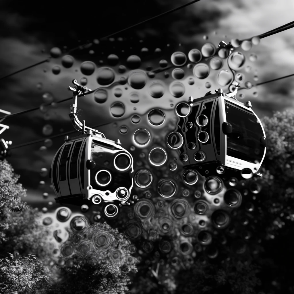 Two gondola cars suspended on cables above trees and below a cloudy sky, viewed through a heavy, distorting overlay of clustered liquid spheres in high-contrast monochrome. The mechanical gondolas hang from taut lines over a textured canopy of treetops, set against undulating cloud formations. The entire scene is rendered in stark black and white, characterized by deep, ink-black shadows and piercing white specular highlights. A dense array of transparent, bubble-like liquid droplets dominates the foreground and middle ground, overlapping and fracturing the view of the gondolas and environment. These spheres vary drastically in size, featuring thick, glowing white refractive rims, sharp circular surface glints, and dark centers that optically warp the mechanical and natural structures behind them. The composition employs a shallow depth of field, keeping central focal areas of the droplets and gondola edges in hyper-crisp, micro-detailed focus, while the peripheral trees, distant cables, and clouds melt into a smooth, dark, out-of-focus bokeh. The aesthetic resembles a hyper-realistic 3D render or extreme macro photography shot through thick condensation, driven by intense, dramatic lighting that emphasizes stark geometric contrast and fluid surface tension.