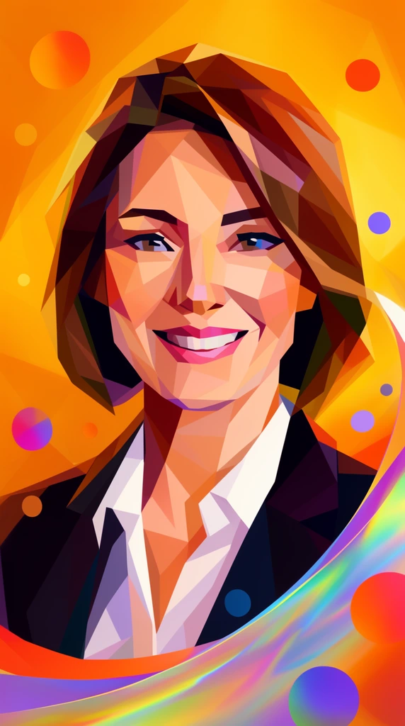 A geometric digital portrait of a smiling woman in a white shirt and dark blazer, constructed from hard-edged angular planes. She is framed by abstract shapes like a sweeping iridescent curve and floating colorful circles against a luminous golden-orange background in a saturated low-poly style.