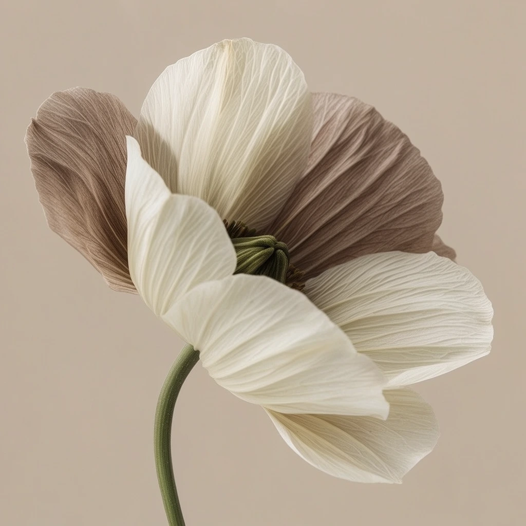 A close-up profile of a single flower with large, deeply veined petals against a flat beige background. Creamy off-white front petals overlap warm taupe rear petals, revealing a dark olive-green center. A slender, gently curving green stem supports the open bloom. The minimalist botanical composition utilizes soft diffused lighting and a muted earthy color palette to emphasize the fine ribbed texture of the delicate floral anatomy.