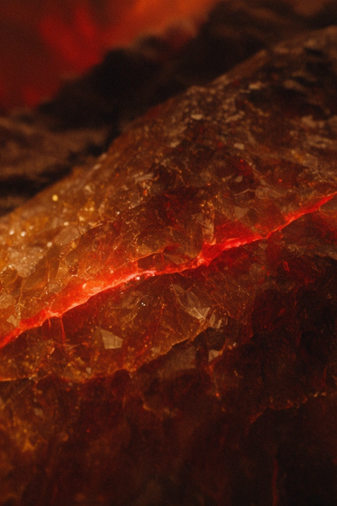 extreme close-up of a jagged crystalline surface, deep amber and glowing crimson color palette, prominent glowing fissure cutting horizontally through translucent faceted material, heavy film grain, macro photography, low light cinematic atmosphere, fiery volcanic depth, mysterious shadowy topography