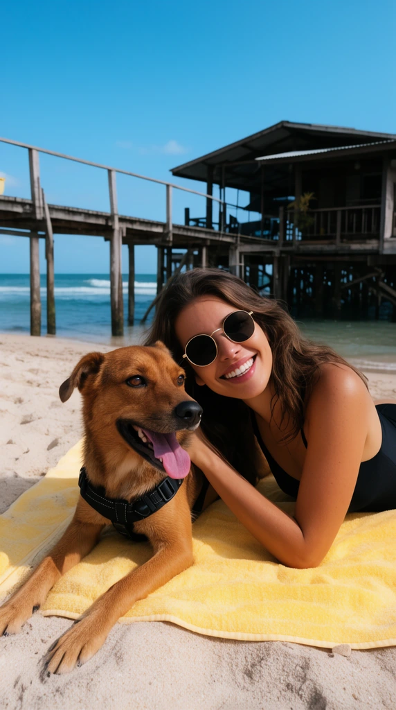 smiling brunette woman in round sunglasses and black swimsuit, lying next to a panting brown dog with black harness on a yellow beach towel, sandy beach environment, wooden pier and stilted building over ocean in background, clear blue sky, bright natural sunlight, wide-angle perspective
