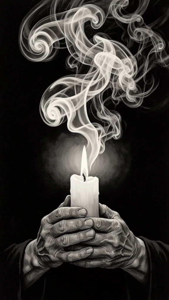 A pair of weathered, aged hands with deeply lined skin and prominent knuckles clasps the base of a thick, white cylindrical candle. The hands are positioned at the lower center of the frame, with fingers interlocked and thumbs pressing against the sides of the wax. A single teardrop-shaped flame burns at the top of a short, dark wick, casting a bright glow that illuminates the upper portion of the candle and the tops of the hands. From the flame, intricate, billowing plumes of white smoke rise upwards, swirling into complex, ethereal patterns that fill the upper half of the composition. The smoke is translucent and catches the light, contrasting sharply with the solid, pitch-black background. The background itself exhibits a subtle, charcoal-like texture with visible vertical and horizontal strokes. The lighting is focused and high-contrast, originating entirely from the central flame, leaving the lower parts of the hands and the periphery of the image in deep shadow. This monochromatic illustration uses a chiaroscuro technique to emphasize texture, from the rough, tactile surface of the skin to the fluid, airy nature of the rising smoke.