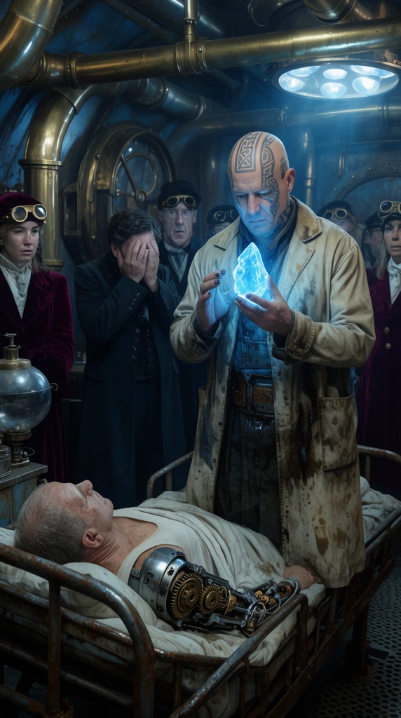 imposing bald alchemist with facial tattoos in an oil-stained canvas duster, inspecting a glowing blue crystal shard, rusty steampunk submarine sickbay, cyborg patient in an iron bed with exposed brass gears on a mechanical arm, distressed observer covering face, background spectators in velvet coats and brass goggles, brass piping, cinematic lighting, cool metallic palette, bright blue illumination, high-contrast chiaroscuro
