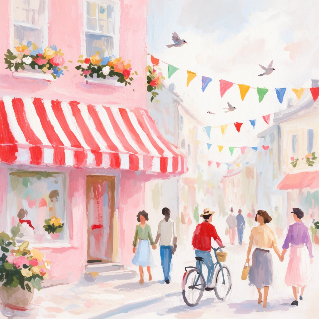 impressionistic painting of a pastel street scene, pink building with red and white striped awning, people strolling hand in hand, bicyclist, floral window boxes, colorful bunting flags, flying birds, soft gouache brushstrokes, light color palette