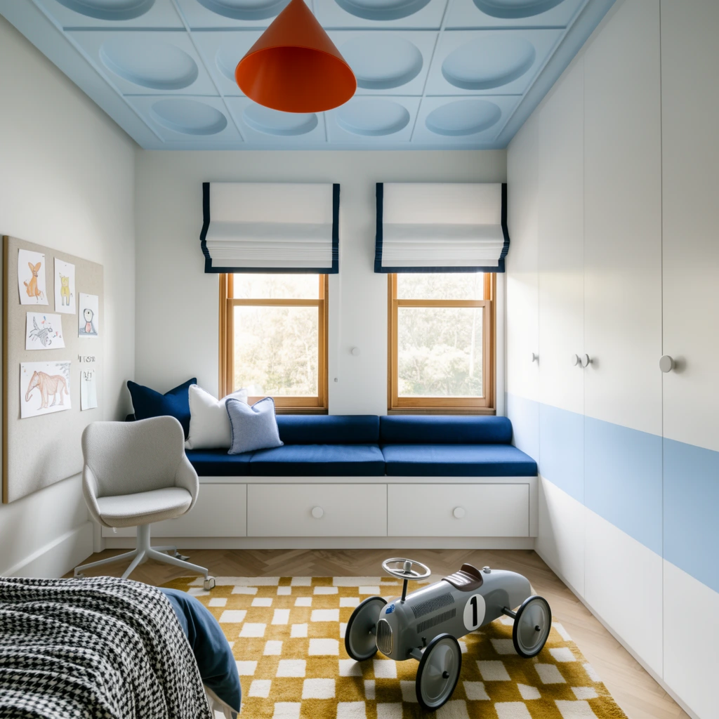 bright modern child bedroom, grey vintage toy race car on a mustard and white rug, bed edge with houndstooth blanket, white built-in bench with deep blue cushions, white swivel chair, tall white wardrobes with a light blue stripe, wooden windows, bordered roman shades, bulletin board with animal drawings, light blue ceiling with circular recesses, orange cone pendant light, herringbone wood floor, soft natural daylight, high-end architectural interior photography