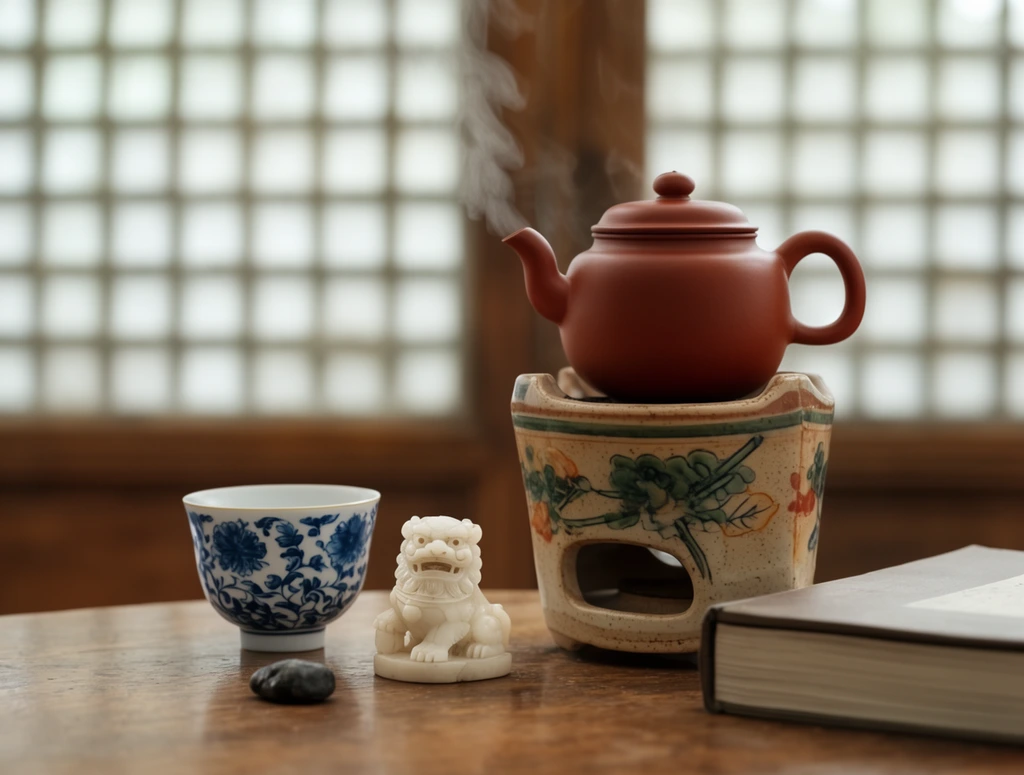 steaming reddish-brown clay teapot on painted ceramic brazier, blue and white floral teacup, carved white lion figurine, miniature dark stone, thick book, wooden table, blurred square-pane window background, soft natural lighting, warm earthy still life