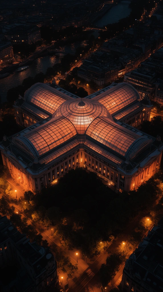 Aerial night view of a large classical building featuring a massive cross-shaped glass vaulted roof radiating warm orange light. Shadowy tree-lined avenues, yellow streetlamps, and a nearby river surround the glowing structure in the dark cityscape.