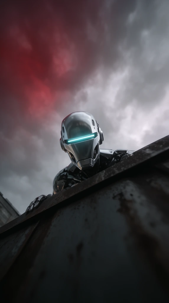 extreme low angle shot looking up at a sleek futuristic cyborg, high-tech metallic silver helmet, glowing cyan horizontal optical visor, figure peering down over the edge of a dark weathered steel rooftop, blurred massive dark foreground ledge, dramatic swirling overcast grey and crimson sky, cinematic diffused lighting, shallow depth of field, striking composition, ominous sci-fi atmosphere