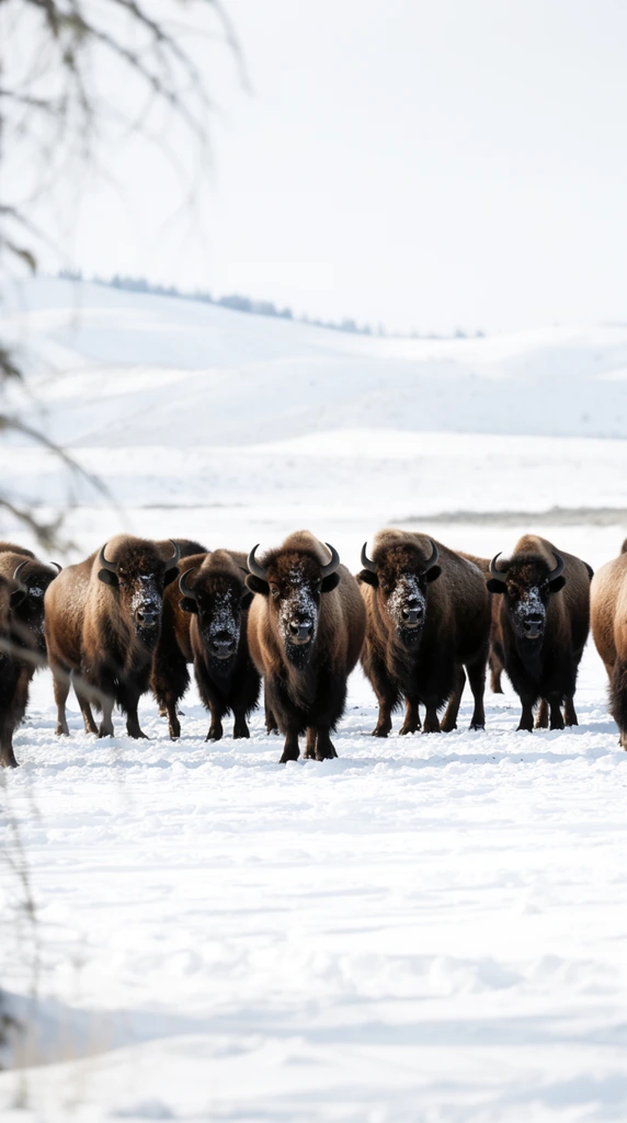 herd of American bison standing together in a vast snow-covered landscape, dark brown thick winter coats contrasting sharply with the blinding white snow, snow dusted on their snouts and shaggy heads, curved black horns, animals arranged in a loose horizontal formation facing forward, rolling snow-blanketed hills in the distant background, pale featureless winter sky, high-key lighting, telephoto lens compression flattening the perspective, out-of-focus bare tree branches subtly framing the extreme left foreground, stark naturalistic wildlife photography, cinematic winter atmosphere, sharp focus on the central bison