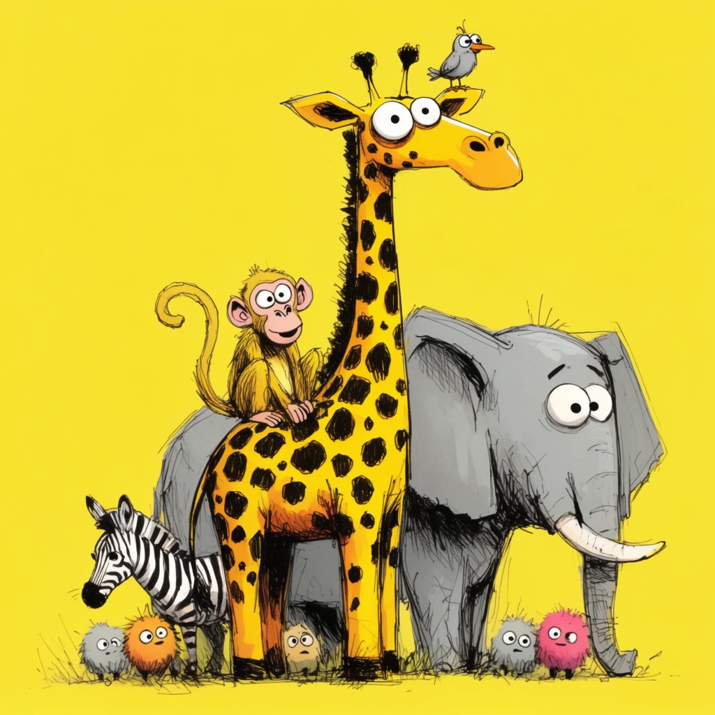quirky cartoon illustration, tall yellow giraffe with black spots and wide eyes, small grey bird perched on its head, yellow monkey sitting on its back, grey elephant, small zebra, tiny fuzzy creatures at the base, loose sketchy black ink lines, expressive crosshatching, solid bright yellow background, whimsical line art