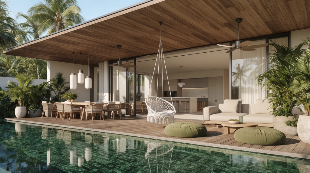 modern tropical luxury villa exterior, dark green mosaic tile infinity pool in foreground reflecting the structure, expansive wooden deck patio, large overhanging wood-paneled roof with twin ceiling fans, outdoor dining area with long wooden table and woven chairs, white cylindrical pendant lights, lounge space featuring a white macrame swing chair, round olive green floor poufs, light beige modern sofa, large potted tropical plants, floor-to-ceiling glass sliding doors revealing a contemporary kitchen, bright warm sunlight casting sharp shadows, photorealistic architectural rendering, high-end real estate photography, wide-angle perspective
